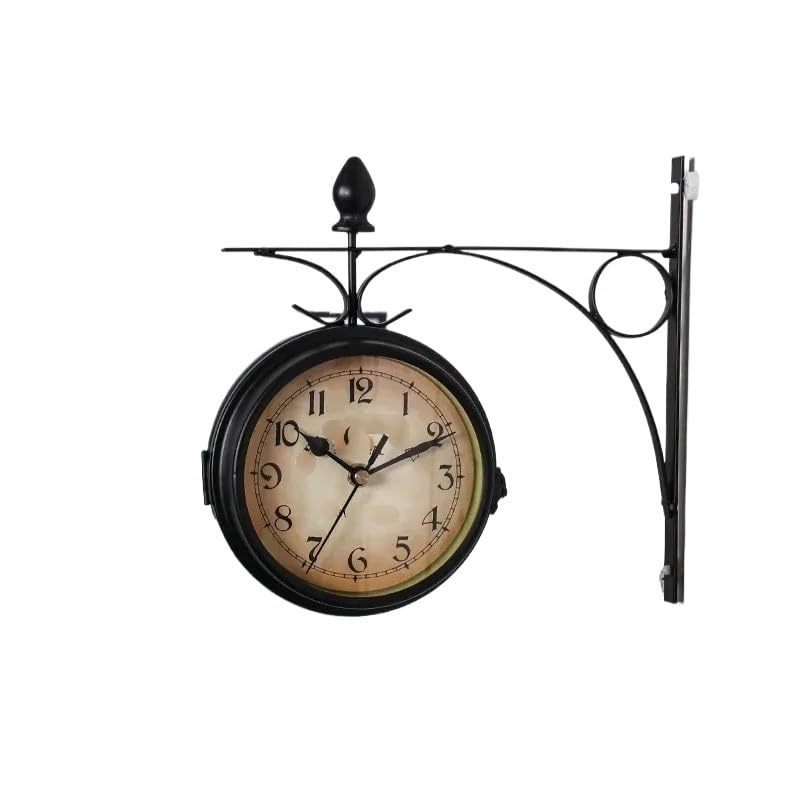 Orologio Da Parete Vintage Orologio da esterno sospeso con supporto in metallo bifacciale, decorazione giardino(Noir)