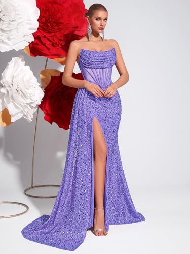 Image of Cocktail Evening Gowns Formal Dresses for Women Sequin Tulle Wedding Guest Party Sexy Off Shoulder Floor Length Prom Dress