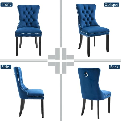Rhomtree Set Of 2 Velvet Fabric Dining Chairs Luxury Tufted Back With Nailed Trim And Back Ring Pull Home Kitchen Dining Room Chairs Armless Accent Side Chairs Solid Rubber Wood Legs, Set Of 2 (Blue) #TOP4