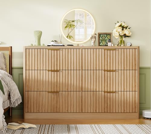 Image of TEENFON Fluted 6 Drawer Dresser for Bedroom, Wide Modern Chest of Drawers with Metal Handle, Curved Profile Design, Wood Closet Clothes Storage Organizer for Bedroom, Hallway, Natural