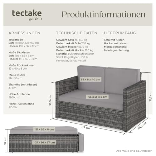 tectake Sofa Set - 2 Sitzer Sessel mit Hocker und Schlaffunktion, kleine Rattan Couch als Outdoor Gartenmöbel, wetterfest für Lounge, Balkon und Garten, klappbar mit Polstern