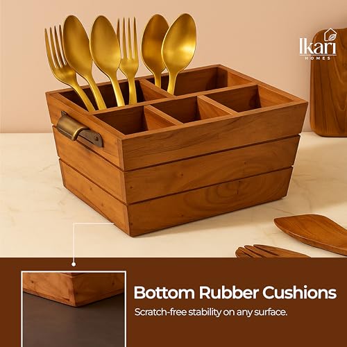 Image of Ikari Homes Acacia Cutlery Stand I Boho Premium Wooden Caddy I Spoon knife Fork Tissue Holder Stand I Cutlery Stand I Premium Acacia Wood I Big size with 5 Multi compartments - 23x16x11 cm