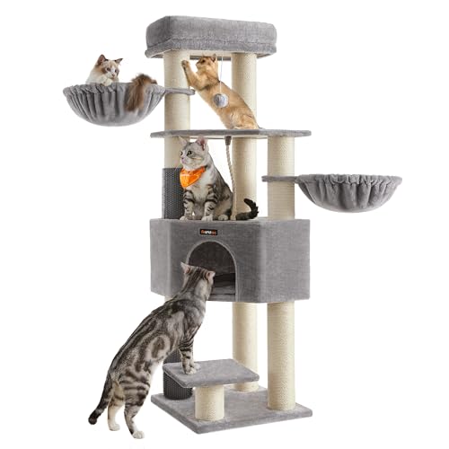Feandrea Cat Tree for Large Cats, Heavy-Duty Cat Tower with Warm Pads, 2 Self-Groomers, 9 Scratching Posts, Large Perch, Cave, Baskets, 50 x 50 x 160 cm, Dove Grey and Cream White PCT003N01