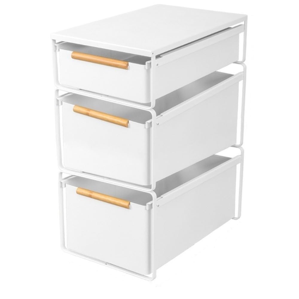 Lirhiqygf Narrow 3-Layer [Short + High + High + Lid] White Stackable Closet Organizer Drawer, Pull-Out Storage Basket With Wood Handle, Carbon Steel Wardrobe Bin (Narrow 3-Layer [Short + High + High + Lid] White)