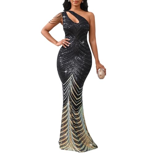 Image of Cololura Women Sequin Elegant Sexy One Shoulder Tassel Mermaid Bodycon Cocktail Evening Dress