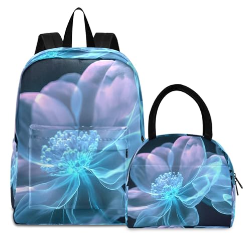 Backpack Lunch Bag Set Clear Blue Floral Print, Big Storage Travel Backpacks with Insulated Lunch Box for Office Hiking Picnic