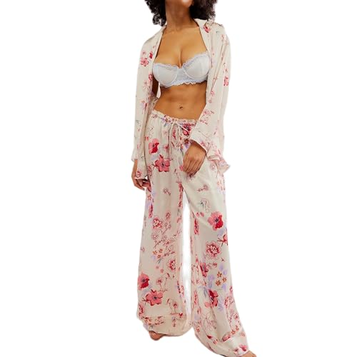 Image of Women Satin Pajama Set Floral Silk Pajamas 2 Piece Lounge Sets Button Down Shirts Wide Leg Pants Pjs Sleepwear