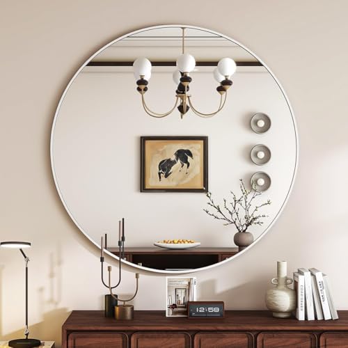 Image of Round Wall Mirror with Durable Wooden Frame - 18 inch (White) | Modern Decorative Wall Hanging Mirror for Bathroom, Bedroom, Basin, Dressing Table, Entryway & Home Interior Decor
