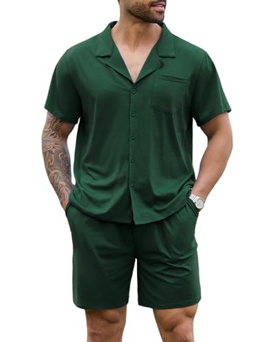 Marvmys Mens Casual Pajamas Set, Jersey Cotton Short Sleeve Top & Cotton Shorts Casual Pjs Sets Dark Green L