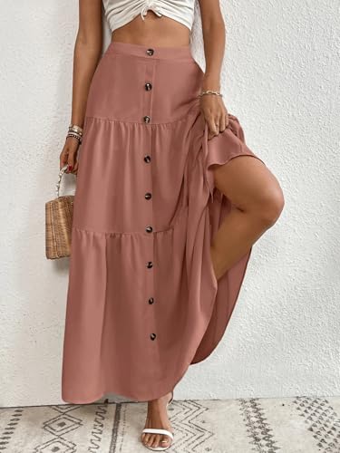 Women's Elegant Button Front Ruffle Hem Skirt Maxi Long Skirts2