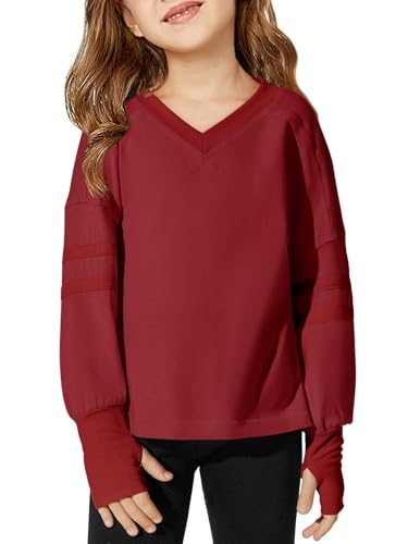 Image of Haloumoning Girls Oversized Long Sleeve T Shirts Kids Casual V Neck Cute Tops Basic Tees with Thumb Holes 5-14Y Burgundy