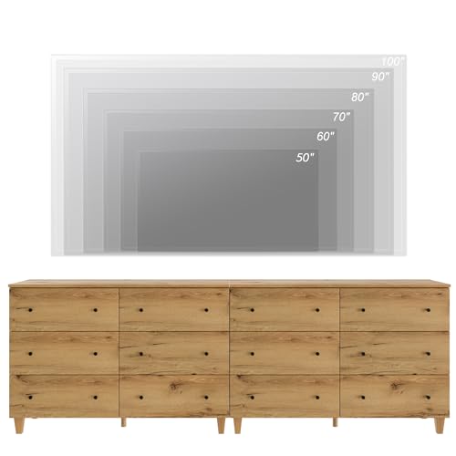 Image of WAMPAT Bedroom Dresser with 12 Drawers, Modern Chest of Drawers with Black Knobs, 94.4 Inch Wide Oak Brown Wood Finish Storage Organizer for Kids Room, Living Room, Nursery