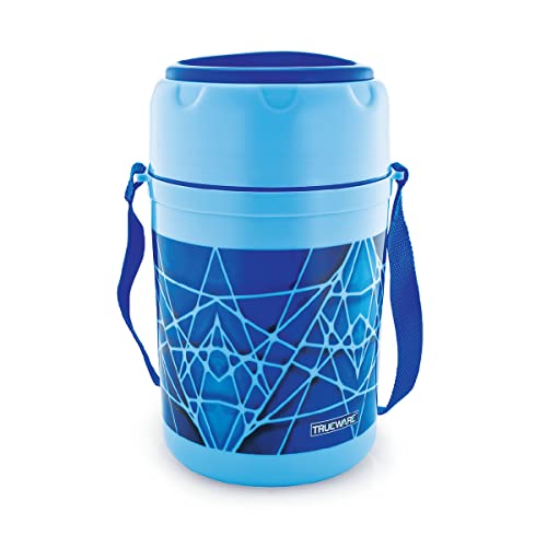 Image of Trueware Trendy 4 Inner Steel Outer Plastic thermoware Lunch Box | 4 Container 300 ML Each-Blue | PU Insulated | Lunch Box | Tiffin | Hot lunch box | Leak Proof | Easy to Carry | Hot & Cold Food Grade| BPA Free | Stainless Steel Dabbi | Office | Outdoors | For Men, Women, and Kids
