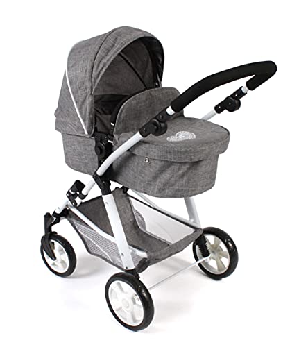 Bayer Chic 2000 568 – 76 wózek dla lalek kombi goździk, 2 w 1 do lalek niemowlęcych do 50 cm, jeansy szare