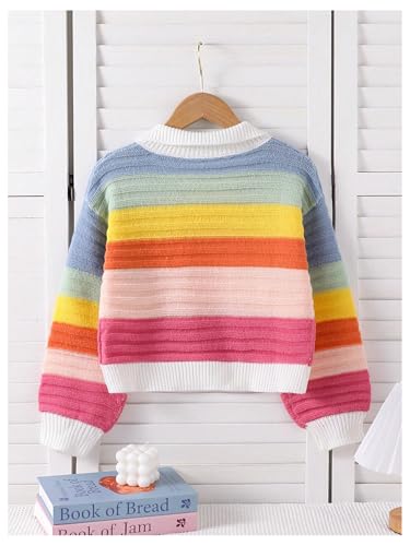 WDIRARA Girl's Colorful Striped Sweater Collar Long Sleeve Pullovers Colorblock Knit Top2