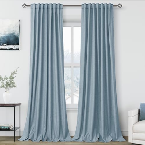 Image of Nanspring Blue 100% Blackout Linen Curtains for Bedroom 102 Inches Long Back Tab Thermal Insulated Luxury Modern Farmhouse Decor Black Out Curtain for Living Room Dining Room Drapes 52x102, 2 Panels