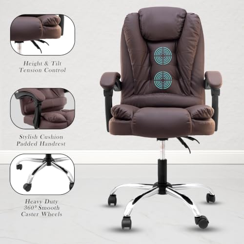 Image of NORMAN JR Italia Premium Leatherette Office Chair for Work | Boss Chair, Ergonomic Executive, Luxurious Cushioned Arms & Seat, 2 Point Back Massager, Heavy Duty Metal Base (Brown)