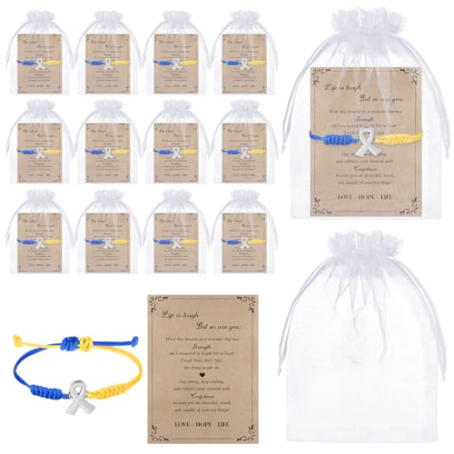 Hicarer 12 Set Down Syndrome Awareness Gifts Blue Yellow Ribbon Bracelet with Health Jewelry Pouch Cards