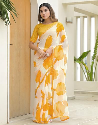 Image of SIRIL Women's Chiffon Printed Saree with Unstitched Blouse Piece