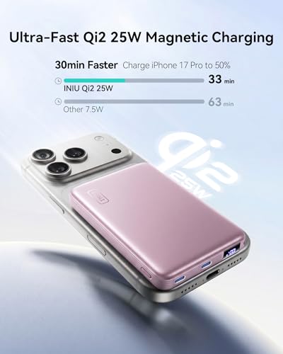 Image of INIU Slimmest Power Bank for MagSafe, 10000mAh Qi2.2 Certified 25W Wireless & 45W Wired USB C Fast Charging Portable Charger, Flight-Safe Travel Phone Magnetic Battery Pack for iPhone etc, Purple