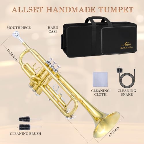 Image of ALLSET Bb Standard Trumpet for Beginners | Student Band, Orchestra, Pro Level Performance | Professional Brass Trumpet Kit with Hard Case, 7C Mouthpiece& Cleaning Kit | Gold