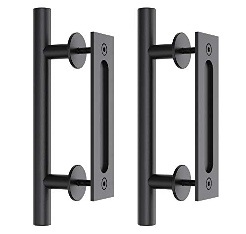HomLxclx Juego de manijas de puerta corrediza de granero de 12 pulgadas, acabado con recubrimiento en polvo negro, forma redonda, manijas de puerta de granero resistentes para panel de puerta de 1