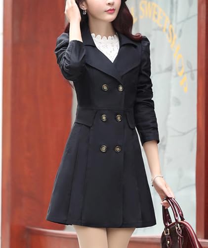 SOMTHRON Women's Double Breasted Trench Coat Lapel Puff Long Sleeve A Line Pleated Windbreaker Outerwear3