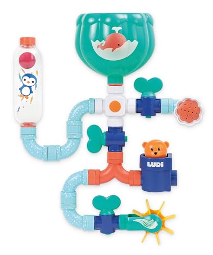 Ludi – Tubos de Agua XXL – Juego de construcción acuática – Gran Circuito – a Partir de 18 Meses – para ocupar al bebé Durante el baño – Imaginación y Destreza – 16 Piezas Intercambiables – Fijación