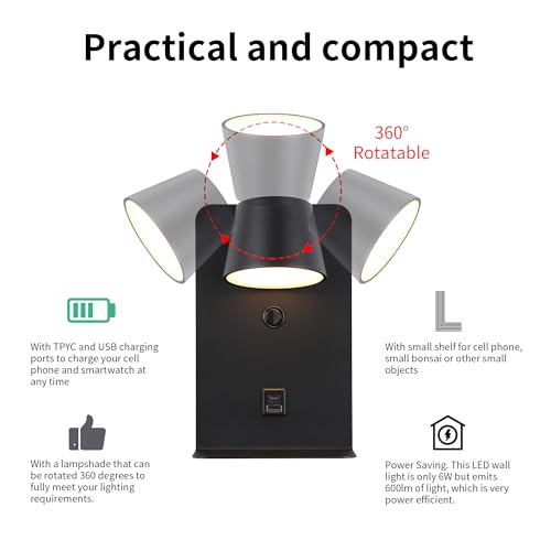 Image of DEC LUCE DECOLUCE LIGHTING Modern LED Plug in Wall Sconce, Dimmable Wireless Wall Light Fixtures with Shelf and USB Port, 6W,600LM, Rotatable Small Reading Wall Lamp for Bedroom Bedside, Black