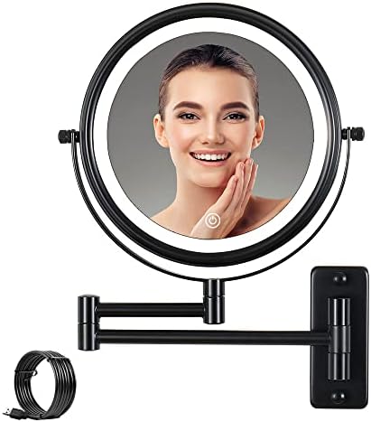 Keilefo Wall Mounted Makeup Mirror 10X Majnifying Mirror LED Light Dimmable Touch Screen, USB Charge, Extendable Double Sided Vanity Mirror 8 Inch, Black