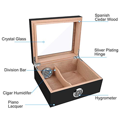 Cigar Humidor, Spanish Cedar Wood Cigar Desktop Box, Glass Top for 25-50 Cigars Luxury Hygrometer and Humidifier, Desktop Humidors Gloss Black - Thumbnail 5