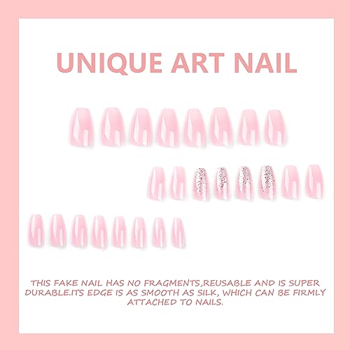 24 PCS Sliver Glitter Press on Nails Glossy Pink French False Nails Square Short Fake Nail Full Cover Stick on Nail for Women Girls Daily Wear (Pink White Glitter Gradient) - Image 4