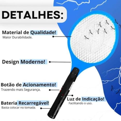 Raquete Elétrica Mata Insetos, Dengue, Pernilongo, Mosca, Proteção Recarregável, Bivolt 110/220V, co