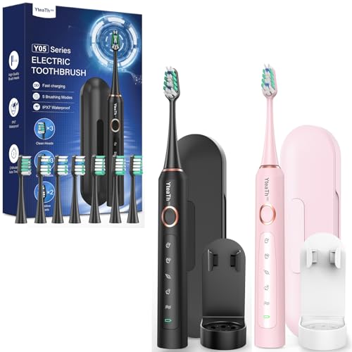 Cepillo de Dientes Eléctrico Sónico Adultos - Cepillo Electrico Sónico Paquete de 2, con 10 Cabezales y Estuche de Viaje, 5 Modos, IPX7 Impermeable, Cepillo Dientes Electrico de Viaje, Negro y Rosa