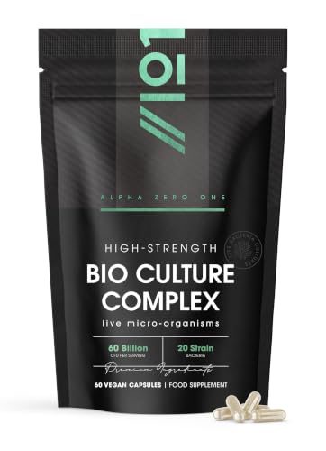 Bio Culture Complex 60 Billion CFU - 20 Live Bacterial Cultures - 60 Vegan Capsules for Women & Men - Lactobacillus Acidophilus Gasseri Rhamnosus & Reuteri - By Alpha01