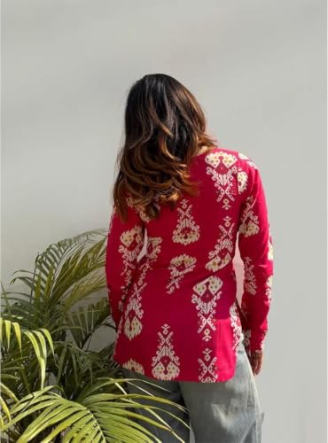 Image of Women Pure Cotton Floral Printed Short Kurti | Square Neck | Full Sleeves | Stylish Ethnic Kurta | Back Tie-Up | Casual Wear Kurta