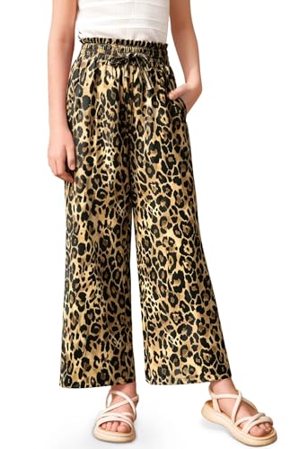 Image of Girls Summer Floral Wide Leg Pants High Waisted Flowy Dress Trousers with Pockets for School Lounge Beach 5-14 Years