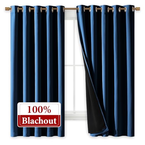 Image of NICETOWN 100% Blackout Curtains with Black Liners, Thermal Insulated Full Blackout 2-Layer Lined Drapes, Energy Efficiency Window Draperies for Bedroom (Moroccan Blue, 2 Panels, 70 inch W by 63 inch L)