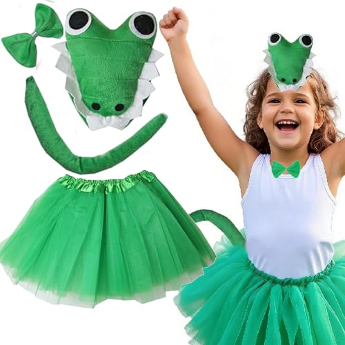 Kirei Sui Kids Animal Green Crocodile Alligator Headband Bowtie Tail & Tutu Costume Girls 4-Piece Halloween Dress Up Set