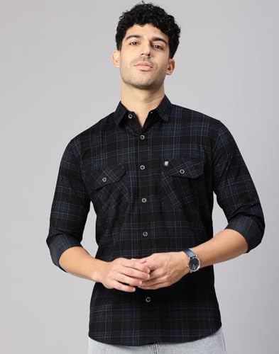 Image of Majestic Man Men's Pure Cotton Cargo Checkered Shirt with Dual Flap Pockets - Slim Fit | Full Sleeve | Casual Wear | Trendy & Comfortable