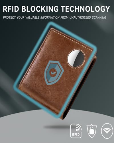 Mens Wallet with AirTag Holder, Genuine Leather Bifold RFID Blocking Wallet for Men - 2 ID Window 13 Cards Holders 1 Gift Box, AirTag Not Included4