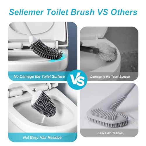 Sellemer 2 Pack Silicone Toilet Brush with Holder: Wall/Floor Mounted WC Brush, with Quick-Drying Holder - Image 4