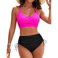 Blooming Jelly Womens High Waisted Bikini Sets Cross 2 Piece Swimsuit Tummy Control Bathing Suit (Large, Pink)