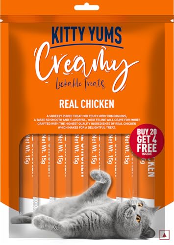 Image of Kitty YUMS Kitten & Adult Creamy Lickable Cat Treats 360g (15g x 24 Pieces) | Real Chicken Flavour | Rich in Protein | Taurine for Heart & Vision | Ideal for Training and Bonding | Promotes Hydration