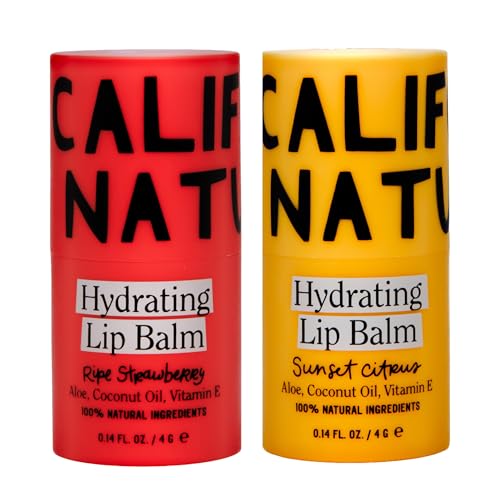 California Naturals Hydrating Lip Balm for Dry Chapped Lips Petroleum Free Cruelty Free 100% Naturally Derived Ripe Strawberry and Sunset Citrus 2-Pack