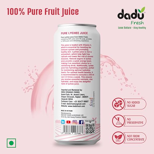 Image of Dadu Fresh Lychee Juice | Pure Natural Juice | Not from Concentrate | No Added Sugar | No Preservatives or Artificial Flavors | Rich in Vitamin C & Antioxidants | 250ml (Pack of 4)
