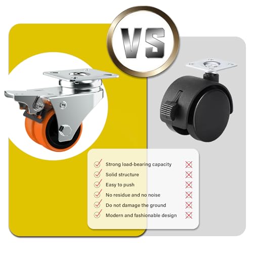 Image of Caster Wheels, 2inch Casters Set of 64 Heavy Duty, Two-Wheeled Orange TPE Casters with Brake, Double-Wheeled Swivel Plate Locking Castor Wheels Widely Used in All Kinds of Furniture.(64 Pack)