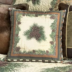 BLACK FOREST DECOR Woodland Pinecones Accent Pillow Throw with Pine Bough Motif, 16" W x 16" L