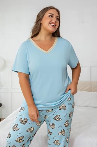 Image of Vozanet Women's Pajama Sets Short Sleeve with Long Pant Soft Sleepwear Printed pj Loungewear With TWO Pockets Size 1X to 5X