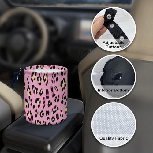 Image of Pink Leopard Print Car Trash Can, Cute Car Trash Bag, Vehicle Trash Can, Multipurpose Trash Bag Hanging, Portable, Waterproof Storage Bag for Cars